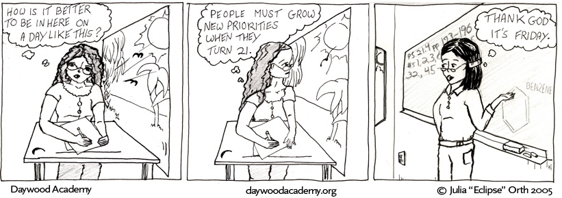 [Trina, seated at desk from last strip: .oO(How is it better to be in here on a day like this?)] [Trina, looking out window: .oO(People must grow new priorities when they turn 21.)] [Ms. Miller, in front of chalkboard with homework assignments and benzene ring: .oO(Thank God It's Friday.)]